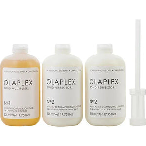 OLAPLEX salon intro kit (1) 17.75 oz. n°1 bond multiplier, (2) 17.75 oz. n°2 bond perfector